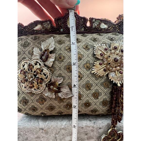 Mary Frances Green & Gold Floral Beaded Hard Case Hand Bag Purse Embellished JL - Picture 14 of 16